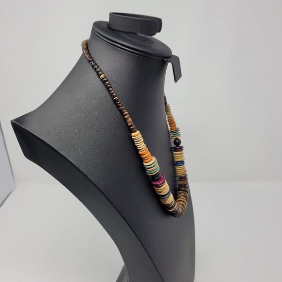 Multicolor Wooden Bead Matinee Necklace 22" Primitive Tribal Beachy Boho - Picture 3 of 9